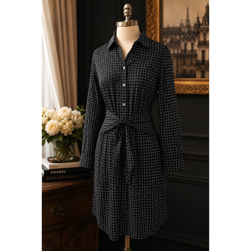 UNTUCKit Mikael Polka Dot Shirt Dress Size 8 Black Tie Waist Stretch Cotton